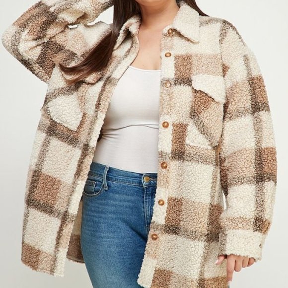 Devan Teddy Plaid Shirt Jacket - Mocha - Picture 2 of 4